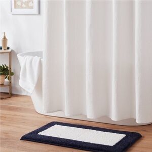 THRESHOLD NEW fluffy border memory foam bath rug -white/navy